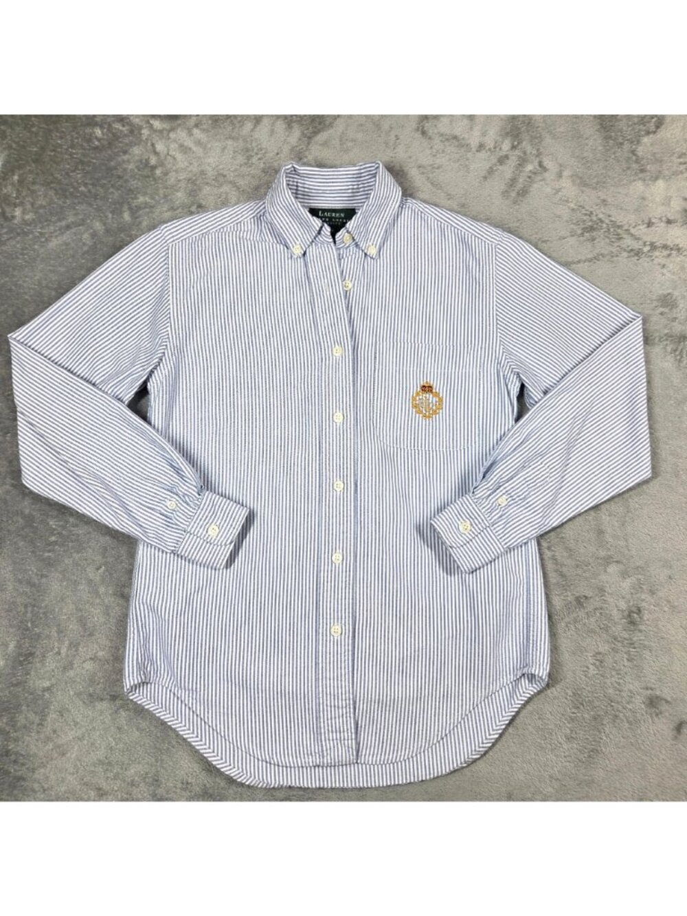 Vintage Lauren Ralph Lauren Top 2 Petite Blue Stripe Crest Logo Oxford Button Up - Picture 2 of 7